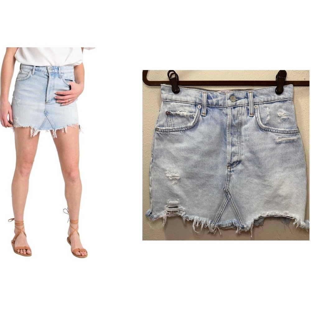 AGOLDE Quinn Denim Mini Skirt 25 Light Wash Distressed Frayed Hem A068E-773